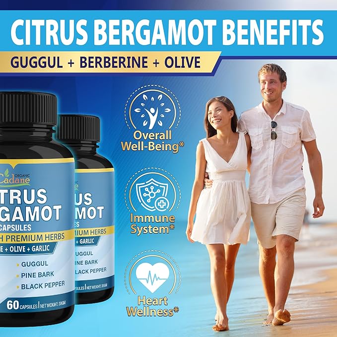 Organic Cadane 2 Packs Citrus Bergamot Extract Capsules with Berberine, Olive, Guggul, Garlic, Pine Bark, Black Pepper | 4 Months Supply