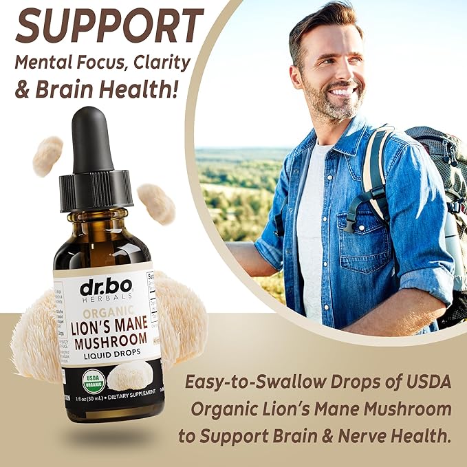 Lions Mane Mushroom Supplement Drops - Organic Lion's Mane Mushroom Liquid Tincture for Focus, Fog Brain Health Supplements - Vegan Herbal Nervine Nootropic Organic Lions Liquid Supplement Extract 1oz
