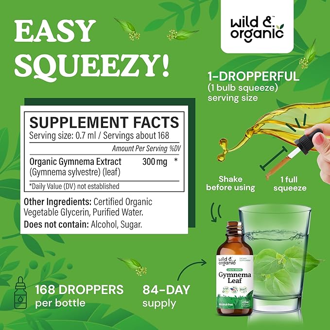 Wild & Organic Gymnema Sylvestre Extract Drops - Sugar-Free Gymnema Sylvestre Supplements - Gurmar Powder Based Tincture - Vegan, Alcohol-Free Leaf Liquid Drops - 4 fl oz
