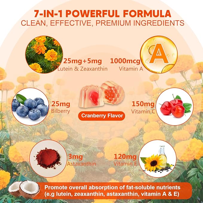 2 Pack Lutein and Zeaxanthin Supplements Gummies (25mg) Vitamins A, C, E, Bilberry, Astaxanthin - Coconut Oil for Better Absorption - for Adults & Teens Vision, Eye, Brain, Skin - Vegan, Sugar Free