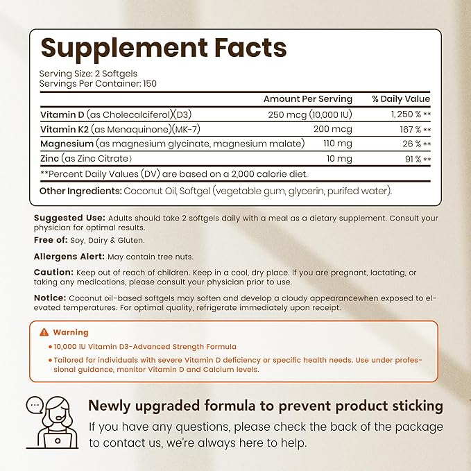 VEV Vitamin D3 K2 10,000 IU Magnesium Supplement – with Vitamin D and K (MK-7), Magnesium Glycinate & Malate, Zinc Citrate – 300 Softgels for Energy, Bone & Muscle Support