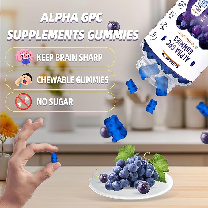 Alpha GPC Choline Gummies 600mg with Phosphatidylserine & Bacopa – 3-in-1 Brain Support for Memory, Focus & Long-Term Cognitive Health – Sugar-Free, Natural Formula, 60 Count