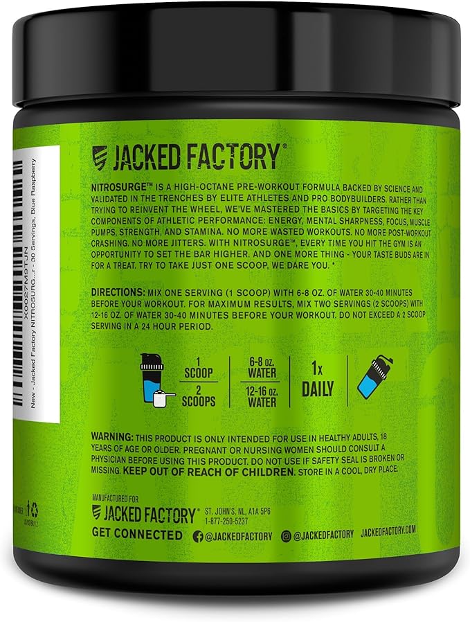 Jacked Factory NITROSURGE Pre Workout Supplement - Energy Booster, Instant Strength Gains, Clear Focus & Intense Pumps - NO Booster & Powerful Preworkout Energy Powder - 30 Servings, Blue Raspberry