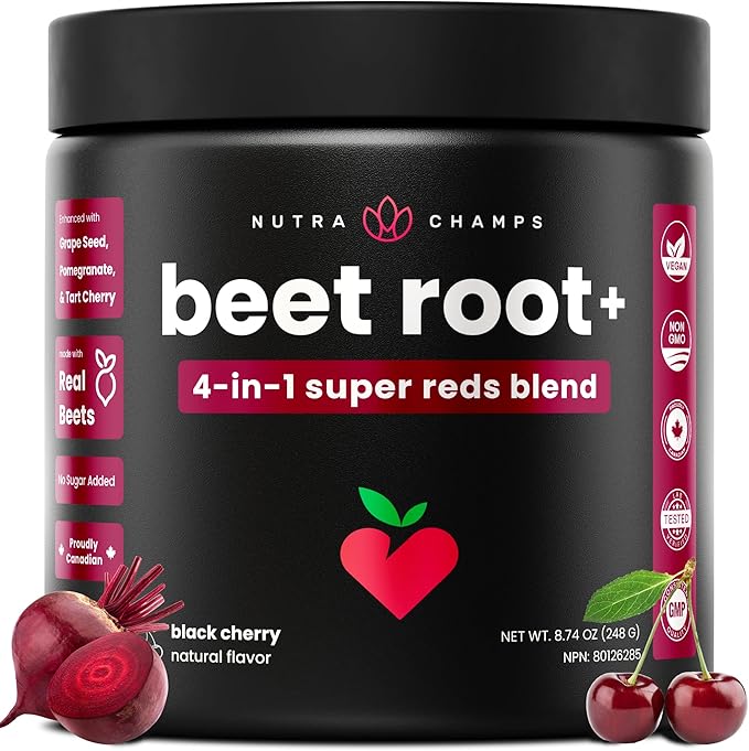 NutraChamps Beet Root Powder Circulation Supplement, Superfood Powder Nitric Oxide with Beetroot Juice, Super Reds & Grape Seed Extract, No Sugar Beet Supplement - 8.74 Oz
