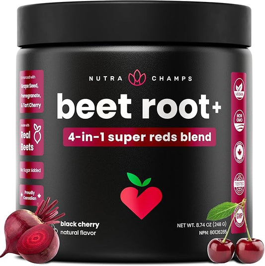 NutraChamps Beet Root Powder Circulation Supplement, Superfood Powder Nitric Oxide with Beetroot Juice, Super Reds & Grape Seed Extract, No Sugar Beet Supplement - 8.74 Oz
