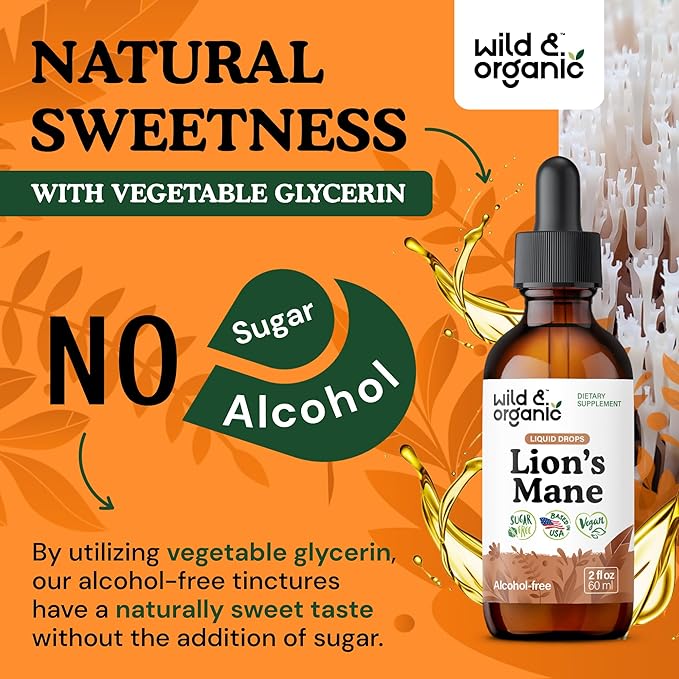 Wild & Organic Lions Mane Liquid Drops - Focus & Brain Support - Lions Mane Supplement - Hericium Erinaceus Mushroom Extract Tincture - Vegan, Alcohol & Sugar-Free - 2 fl oz