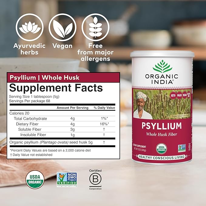ORGANIC INDIA Whole Psyllium Husk Powder Organic - Psyllium Husk Fiber Supplement, Digestion Support, Vegan, Gluten-Free, Non-GMO, Soluble & Insoluble Fiber Source - 12 oz (Pack of 2)