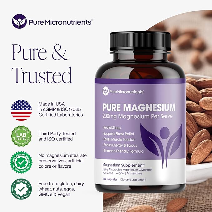 Pure Magnesium Glycinate Supplement – Highly Absorbable Chelated Magnesium for Sleep, Muscle & Nerve Health, Energy, Relaxation & Bone Health – 200mg Per Serving, 180 Capsules