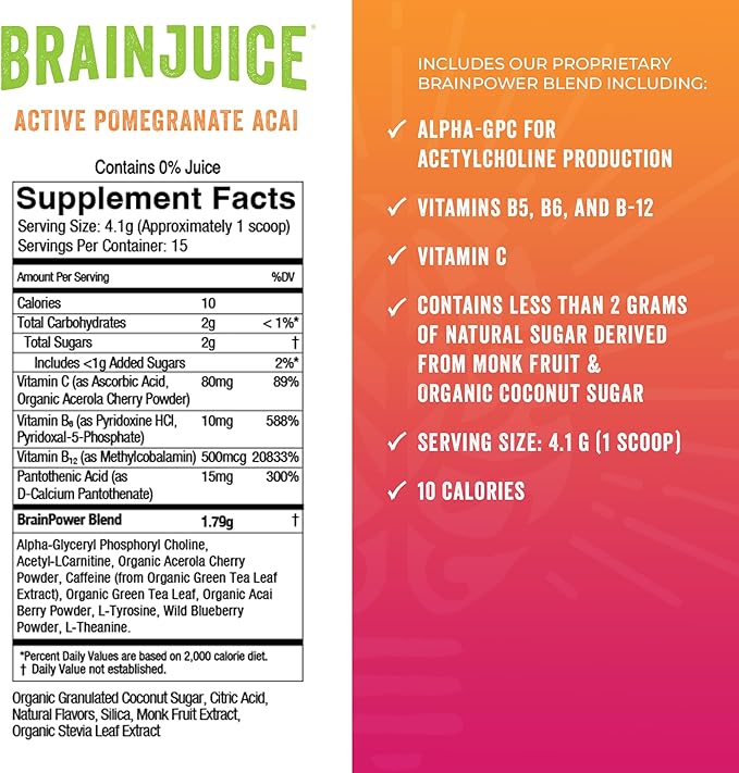 BrainJuice Active Pomegranate Acai Daily BrainPower Mix - 15 Servings