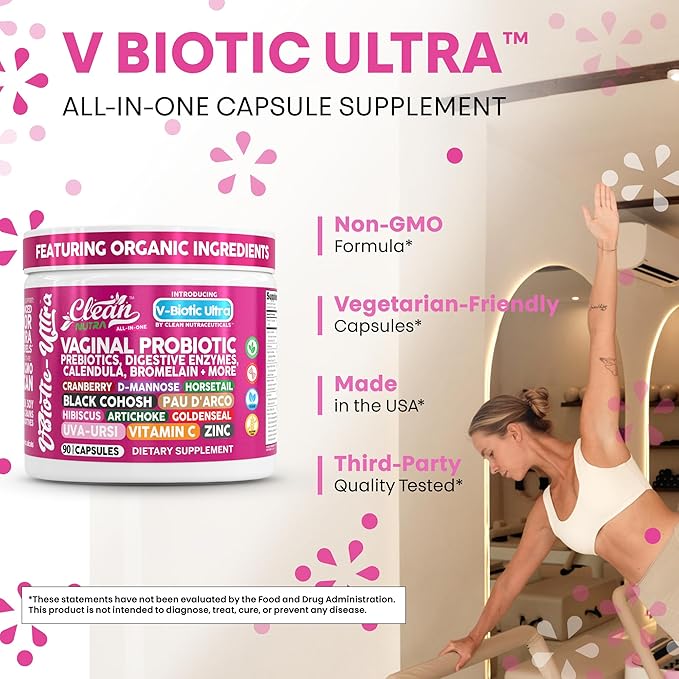 Clean Nutra Vaginal Probiotics for Women + Prebiotics Digestive Enzymes Bromelain Cranberry D Mannose Horsetail Black Cohosh Artichoke Hibiscus Flowers Probiotic for Digestive Health 90 Vegan Capsules