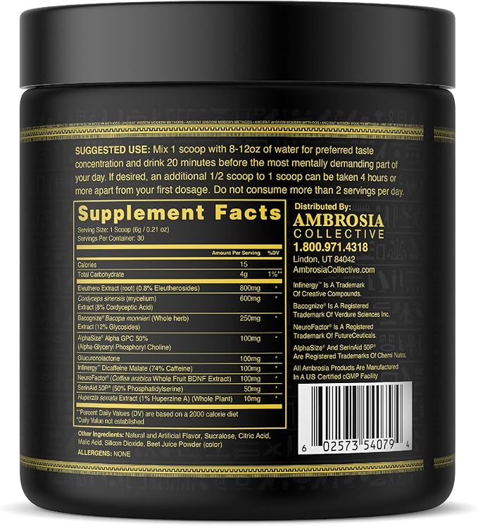 Ambrosia Mental Jewels Powder - Cognitive Enhancer | Increase Memory, Communication Skills, Concentration & Focus | Decrease Reaction Time | Alpha GPC, Choline, BaCognize | 30 Servings| Cherry Limeade