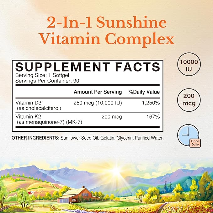 Vitalitown Vitamin D3 K2 Supplement, Vitamin D3 10000 IU Vitamin K2 (MK7) 200 mcg, 90 Softgels, Non-GMO, No Gluten & Soy, for Bone, Teeth, Immune & Heart Health