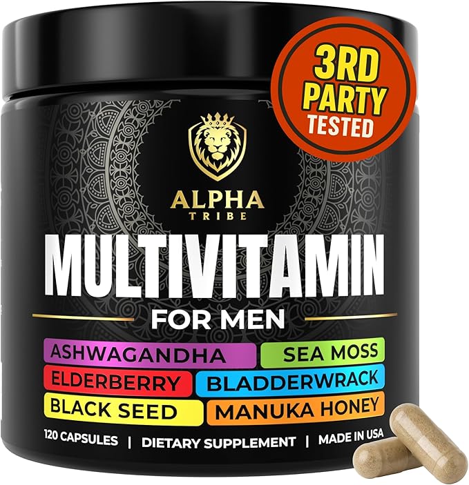 Alpha Tribe Multivitamin for Men with Sea Moss, Black Seed Oil, Ashwagandha, Turmeric Bladderwrack, Burdock,Vitamin C, Elderberry, Manuka, Yellow Dock | Daily Men's Vitamins and Minerals Supplement