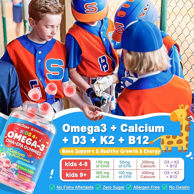 Omega 3 (EPA/DHA) Filled Gummies for Kids with Multivitamin, Calcium + D3 + K2 + Zinc, Plus Vitamin A B1 B2 B12 C, Selenium, lodine for Brain, Eye, Bone, Energy, No Fish Taste, Sugar Free