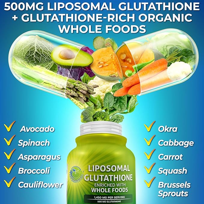 Liposomal Glutathione 500mg - Active Form L Glutathione (Reduced) for Maximum Absorption - Made with Organic Whole Foods - Master Antioxidant & Detoxifier - Immune & Cardiovascular Support - 120 count