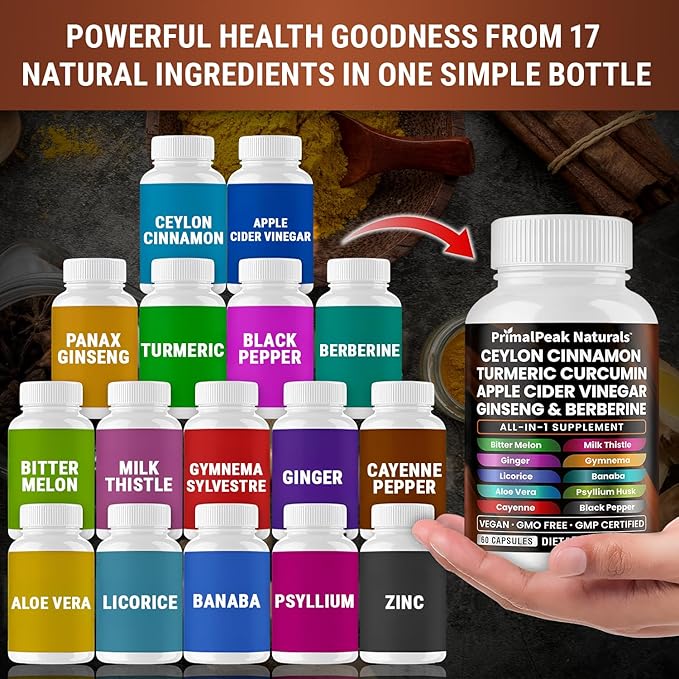 Ceylon Cinnamon Apple Cider Vinegar Turmeric Curcumin Panax Ginseng Berberine with Bitter Melon Banaba Milk Thistle Gymnema Sylvestre Vegan Capsules - 180 Count
