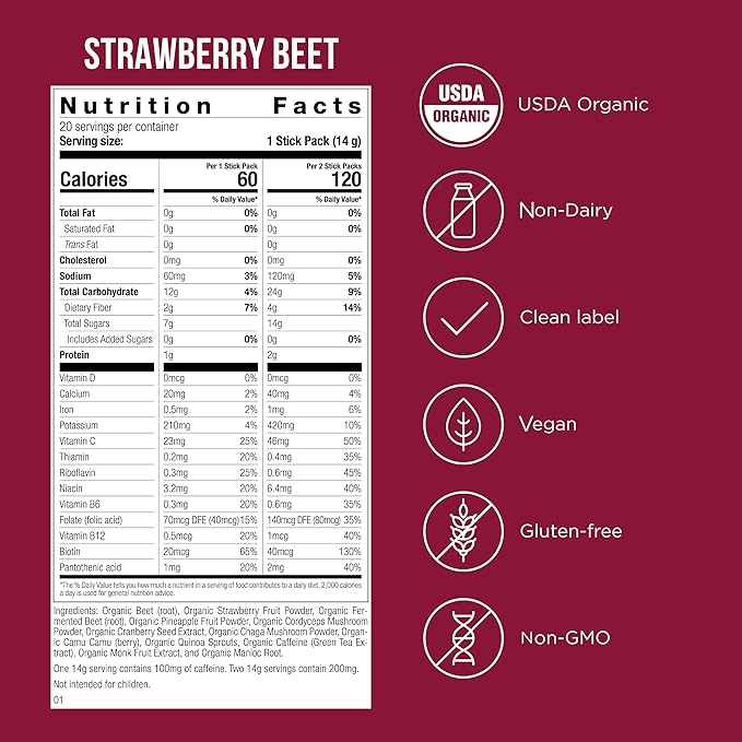 Possible Beet Pre-Workout - Strawberry Beet Flavor - Individually Wrapped Servings - Contains B-Vitamins and Green Tea Caffeine Extract - Source of Nitrates - 1 Bag, 20 Stick Packs