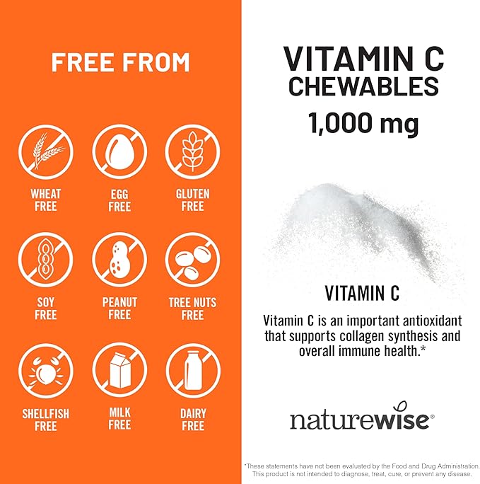 NatureWise Extra Strength Vitamin C Chewable 1000mg for Adults - Natural Orange Flavor - Immune System & Antioxidant Support - Non-GMO, Vegan & Sugar Free - 90 Chewable Tablets[45-Day Supply]