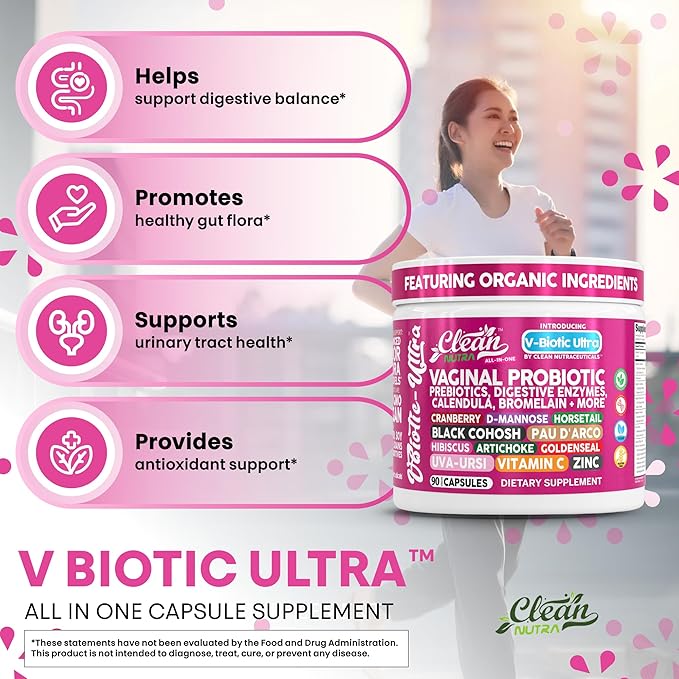 Clean Nutra Vaginal Probiotics for Women + Prebiotics Digestive Enzymes Bromelain Cranberry D Mannose Horsetail Black Cohosh Artichoke Hibiscus Flowers Probiotic for Digestive Health 90 Vegan Capsules