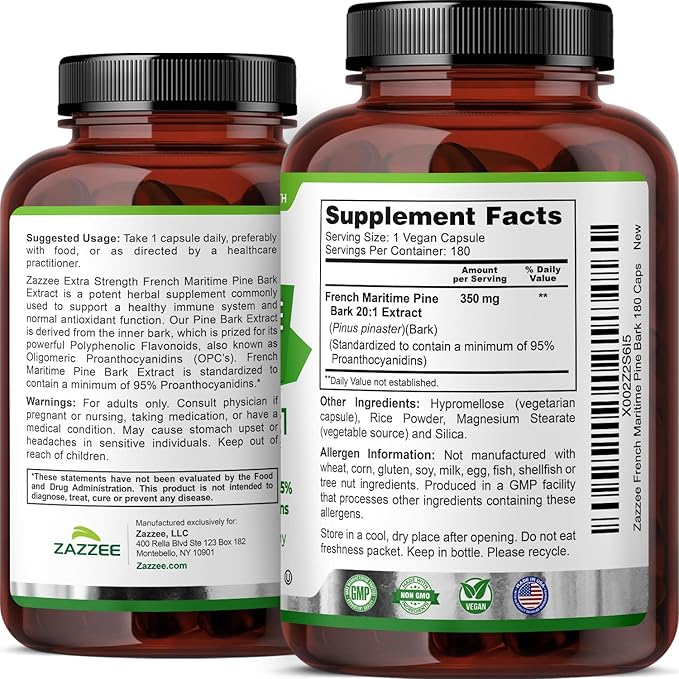 Zazzee Extra Strength French Maritime Pine Bark 20:1 Extract, 350 mg Per Capsule, 180 Vegan Capsules, 95% Proanthocyanidins, Kosher, 6 Month Supply, Standardized 20X Extract, Non-GMO, Made in The USA