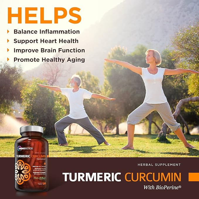 OmniBiotics Organic Turmeric Curcumin Supplement with Black Pepper Extract – 1500mg Turmeric with 95% Curcuminoids & BioPerine, High Absorption for Joint Support – 120 Vegan Capsules