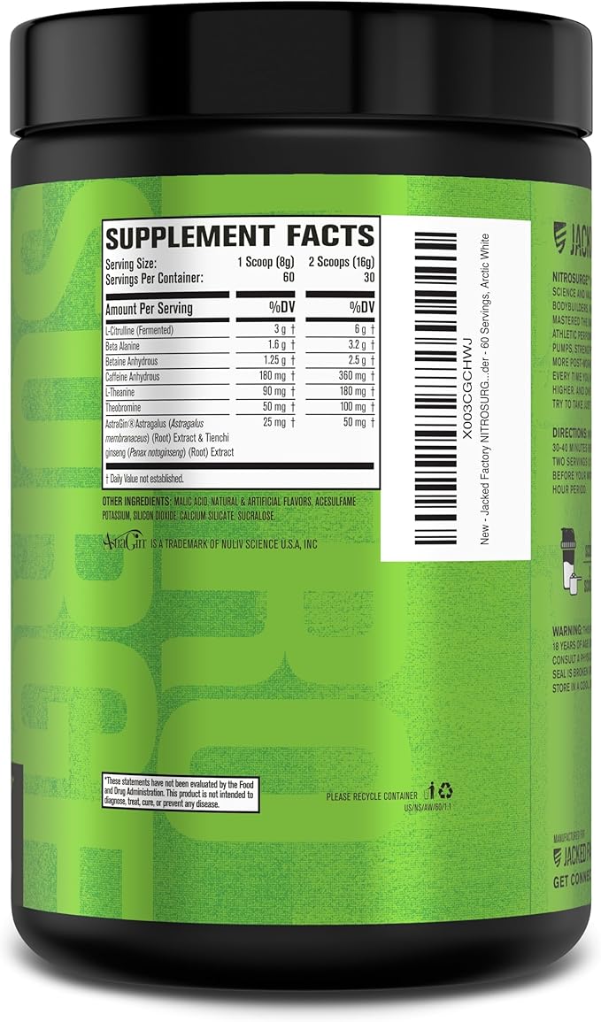 Jacked Factory NITROSURGE Pre Workout Supplement - Endless Energy, Instant Strength Gains, Clear Focus, Intense Pumps - NO Booster & Powerful Preworkout Energy Powder - 60 Servings, Arctic White