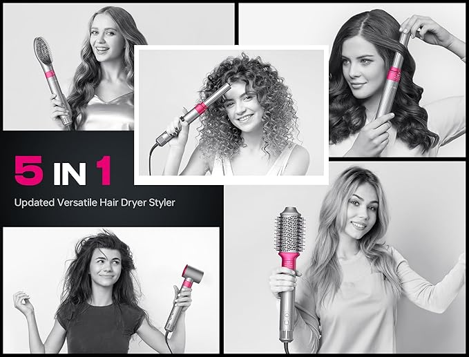5 in 1 Professional Hot Air Styler, LC-dolida Powerful Hair Dryer & Straightener Set, Styling Without Heat Damage, Fast Drying Curling Volumizing Straightening, 110 Volts, 1200 Watts（Silver）