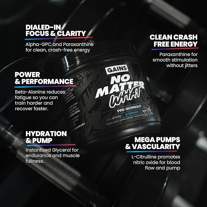 Gains in Bulk No Matter What Pre Workout Powder, with Paraxanthine, Amino Acids & L Theanine, Training Supplement for Athletes & Active Lifestyles, Energy & Focus Support, Rocket Pop, 30 Servings