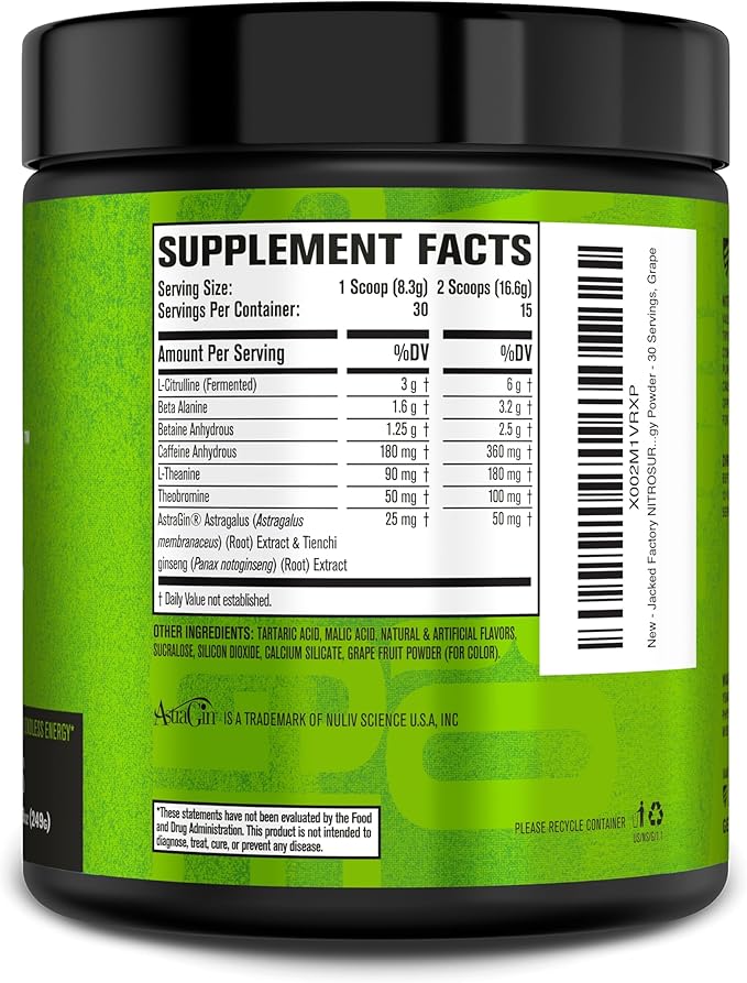 Jacked Factory NITROSURGE Pre Workout Supplement - Endless Energy, Instant Strength Gains, Clear Focus, Intense Pumps - Nitric Oxide Booster & Powerful Preworkout Energy Powder - 30 Servings, Grape