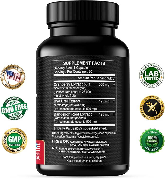 Cranberry Extract Pills - Super Strength 50:1 Whole Fruit Concentrate Equals to 25,000mg of Fresh Cranberries Plus Dandelion & Uva Ursi - Natural UTI Support - Kidney Cleanse & Urinary Tract Health