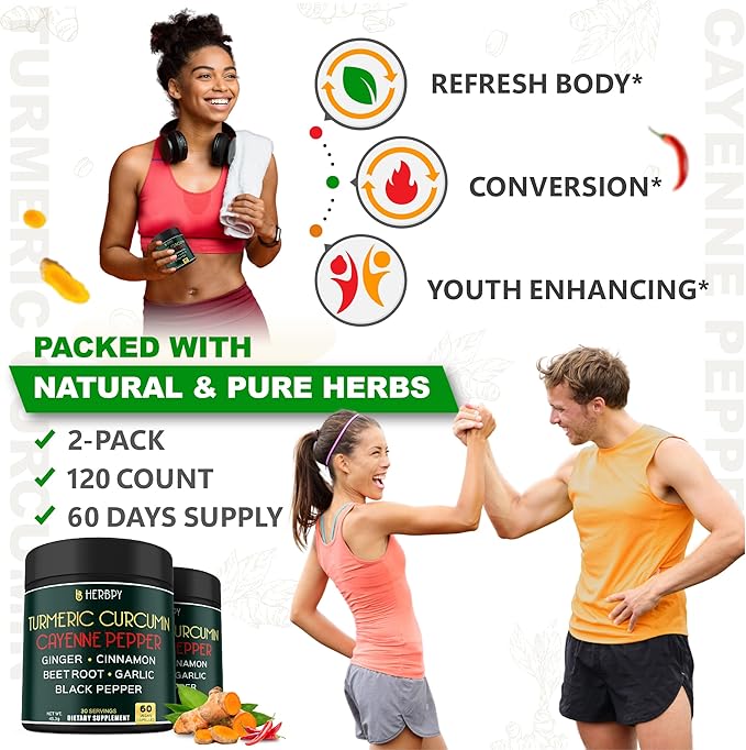 7in1 Turmeric and Cayenne Pepper Supplement - Digestion, Immune, Brain & Heart Health Support with Ceylon, Ginger, Garlic, Beetroot - 2Pack60