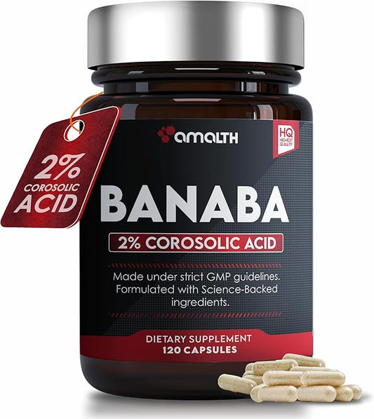 AMALTH Banaba Leaf Extract Capsules 500 mg, 2% Corosolic Acid (Concentrated Extract) | 120 Count Vegan | Non-GMO & Vegan