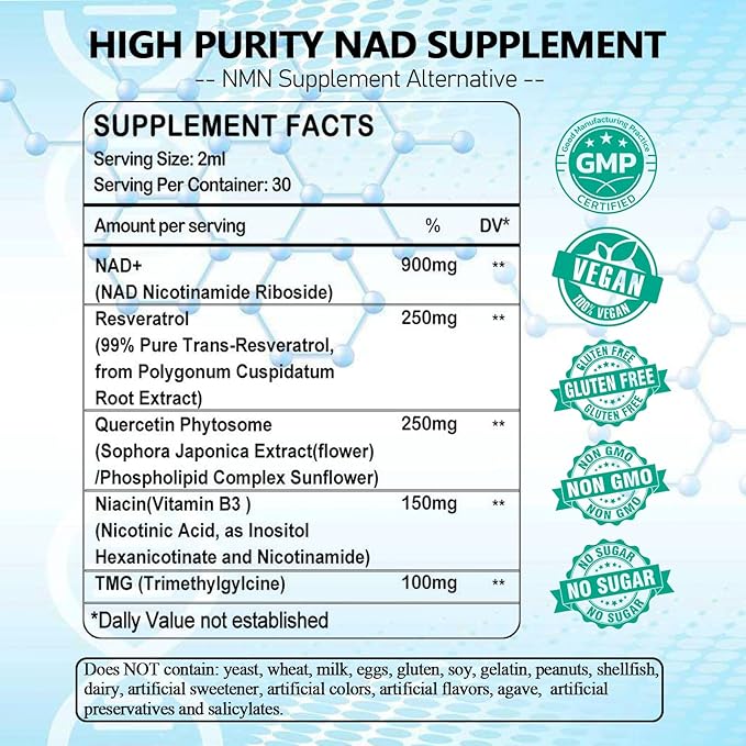 2 Pack NAD Supplement, Liposomal NAD Nicotinamide Riboside Resveratrol 900mg Quercetion, TMG, Vitamin B3, High Potency NAD+ Liquid Supplement for Cell Regenerator, Longevity, Energy