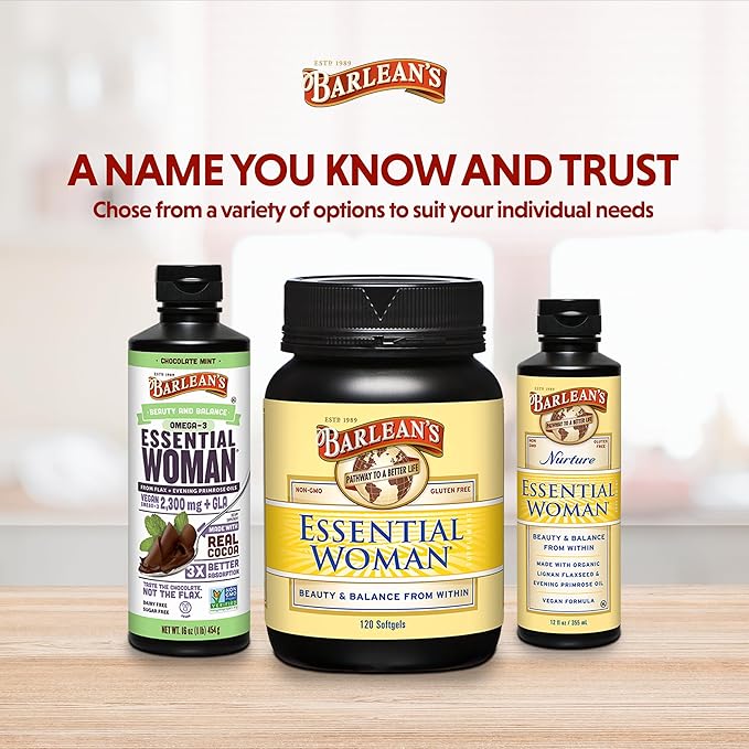 Barlean's Essential Woman Liquid Supplement for Women, Organic Flaxseed and Evening Primrose Oil for Healthy Hair, Nails and Skin, Omega 3 6 9 and GLA, 12 oz