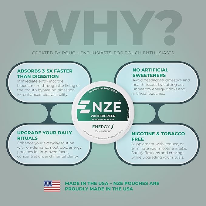 NZE Caffeine Nootropic Pouches (Wintergreen) - Energy Pouches with 50mg Caffeine, Alpha GPC, L-Tyrosine & L-Theanine with No Sugar or Artificial Sweeteners - 15 Nicotine Free Pouches Per Can - 5 Pack