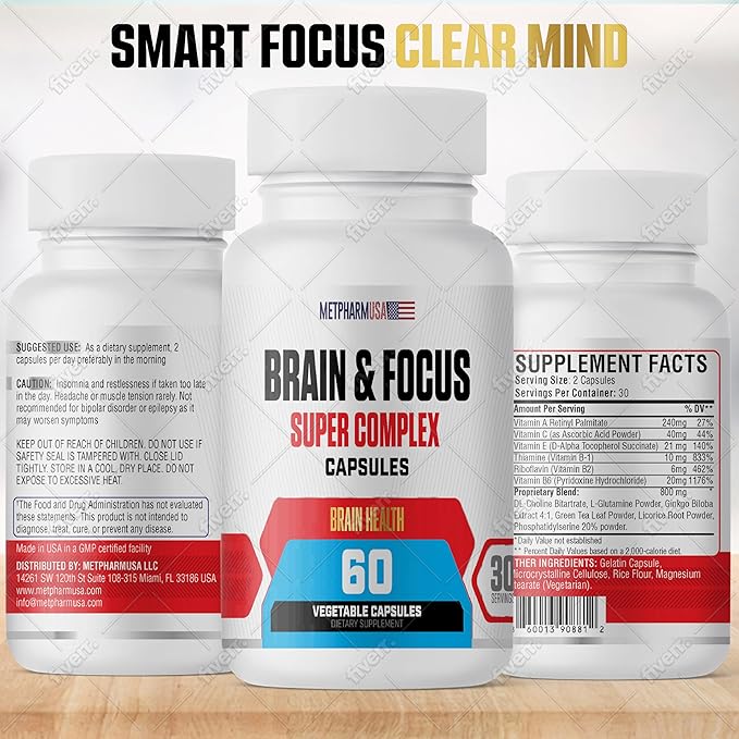 Brain & Focus Nootropic Super Complex Supplement for Brain Support and Performance, Improved Focus Memory and Mental Performance