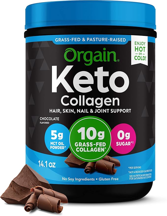 Orgain Keto Collagen Protein Powder with MCT Oil, Chocolate - Paleo Friendly, Grass Fed Hydrolyzed Collagen Peptides Type I and III, Dairy Free, Gluten Free, Soy Free, 0.88 Lb (Packaging May Vary)
