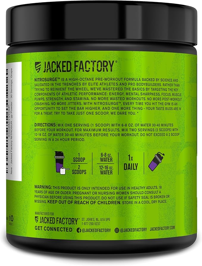 Jacked Factory NITROSURGE Pre Workout Supplement - Endless Energy, Instant Strength Gains, Clear Focus, Intense Pumps - Nitric Oxide Booster & Powerful Preworkout Energy Powder - 30 Servings, Grape