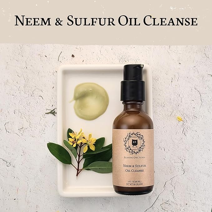 Neem & Sulfur Oil Cleanse | Natural Face Cleanser with Organic Ingredients | Hydrating & Soothing | Good for Acne & Rosacea | Non-Irritating Formula for All Skin Types | 2 oz