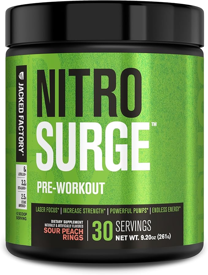 Jacked Factory NITROSURGE Pre Workout Supplement - Endless Energy, Instant Strength Gains, Clear Focus, Intense Pumps - NO Booster & Powerful Preworkout Energy Powder - 30 Servings, Sour Peach Rings