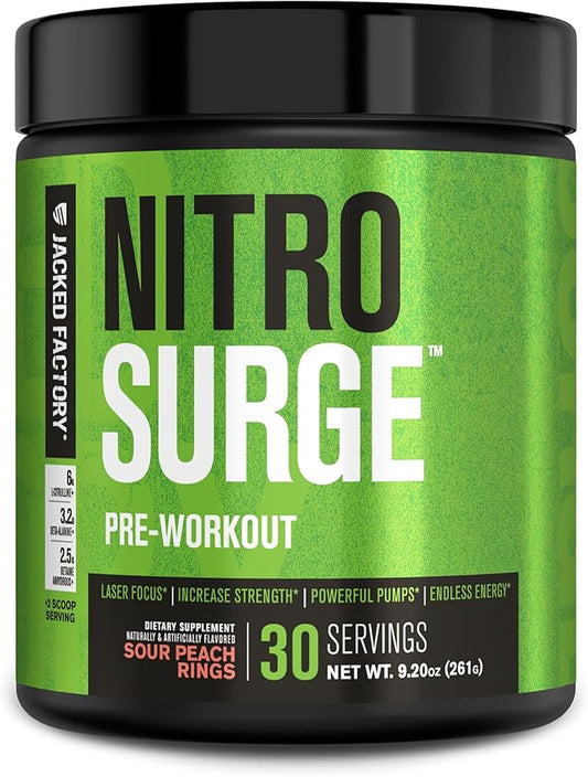 Jacked Factory NITROSURGE Pre Workout Supplement - Endless Energy, Instant Strength Gains, Clear Focus, Intense Pumps - NO Booster & Powerful Preworkout Energy Powder - 30 Servings, Sour Peach Rings