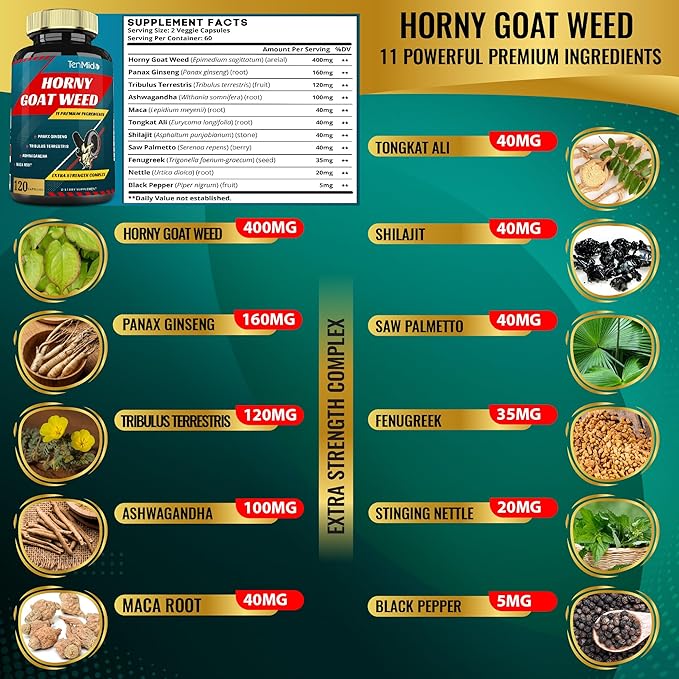 Horny Goat Weed Capsules & Ginseng, Tribulus, Ashwagandha, Maca, Tongkat and More - 120caps