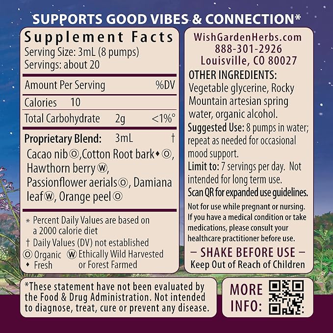 WishGarden Herbs Liquid Bliss Mood Elevator - Plant-Based Herbal Mood Support Supplement, Natural Mood Booster with Organic Cacao, Cotton Root, Passionflower, Increases Sense of Connection, .66oz