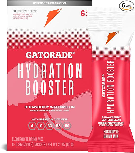 Gatorade Hydration Booster Electrolyte Drink Mix Powder Packets, Strawberry Watermelon, Advanced Electrolyte Blend, No Added Colors, No Artificial Sweeteners, Essential Vitamins A, C, B3, B5, B6, Makes 20 Fl Oz (6 Pack)