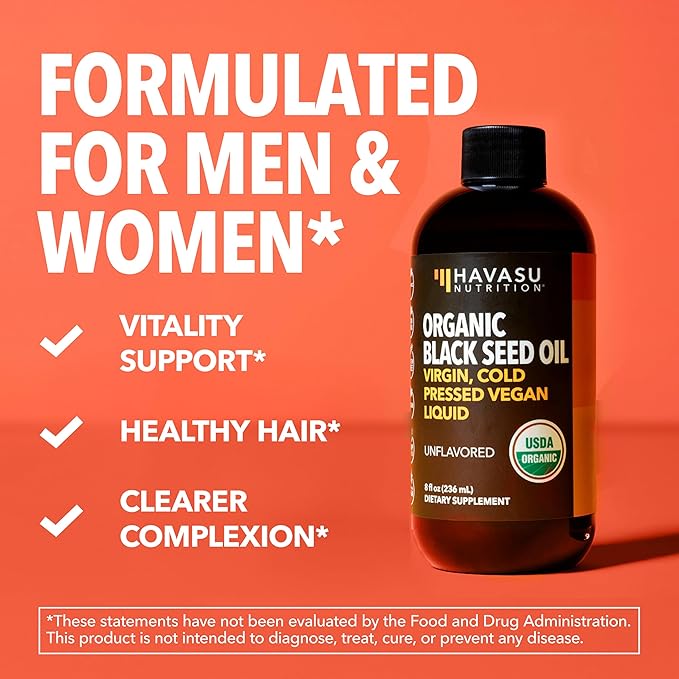 Organic Black Seed Oil Cold Pressed Liquid - Black Cumin Supplement for Immune System Function, Digestive Support, Hair Nourishment & Overall Health - 8 Fl Oz - Unflavored, Non-GMO, Vegan