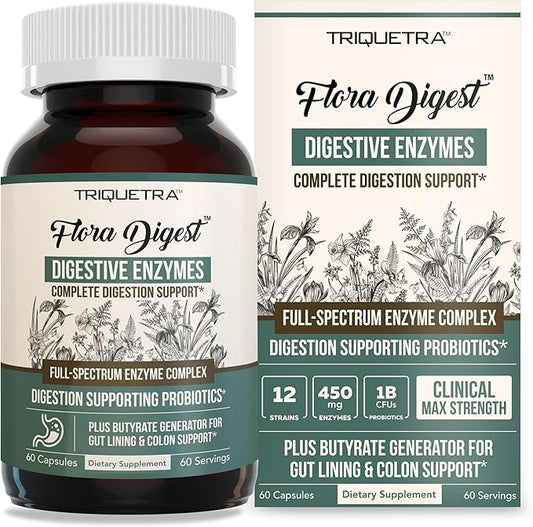 Flora Digest - 3-in-1 Max Strength Digestive Enzymes + Gut Surviving Probiotics & ButyraGen® Postbiotic for Optimal Digestion, Bloating Relief, Regularity, Gut Lining & Colon Support - (60 Capsules)