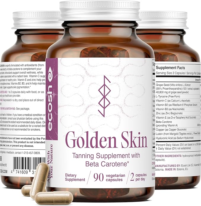 Golden Skin Tanning Supplement for Women & Men – Potent Tanning Pills with Beta Carotene, Lutein & L-Tyrosine for Skin Health | Natural Antioxidant Supplement & Tanning Vitamins | 90 Vegan Capsules