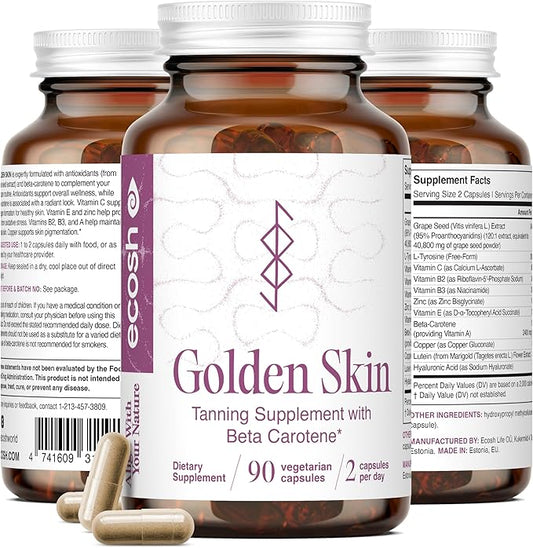 Golden Skin Tanning Supplement for Women & Men – Potent Tanning Pills with Beta Carotene, Lutein & L-Tyrosine for Skin Health | Natural Antioxidant Supplement & Tanning Vitamins | 90 Vegan Capsules