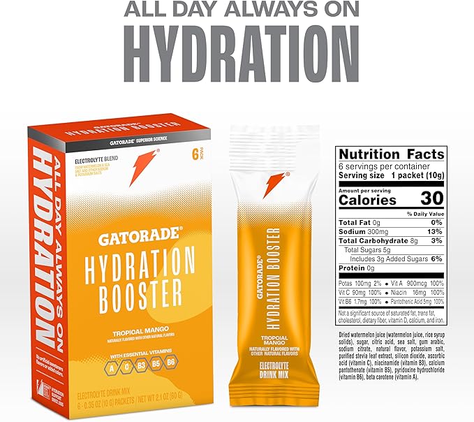Gatorade Hydration Booster Electrolyte Drink Mix Powder Packets, Tropical Mango, Advanced Electrolyte Blend, No Added Colors, No Artificial Sweeteners, Essential Vitamins A, C, B3, B5, B6, Makes 20 Fl Oz, (6 Pack)