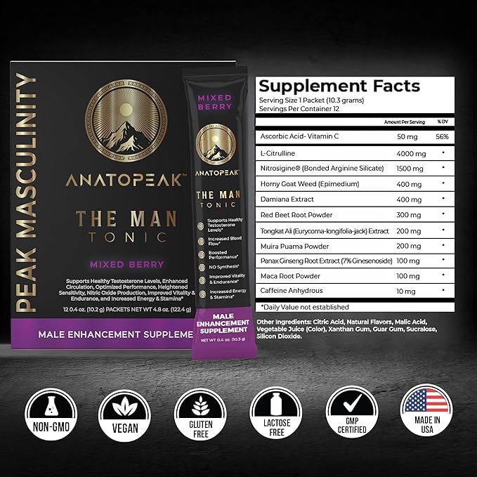 Vitality Support Supplement – Natural Performance Blend with Nitrosigine, L-Citrulline, Horny Goat Weed & Tongkat Ali – for Energy, Stamina & Wellness – 12 Stick Packs
